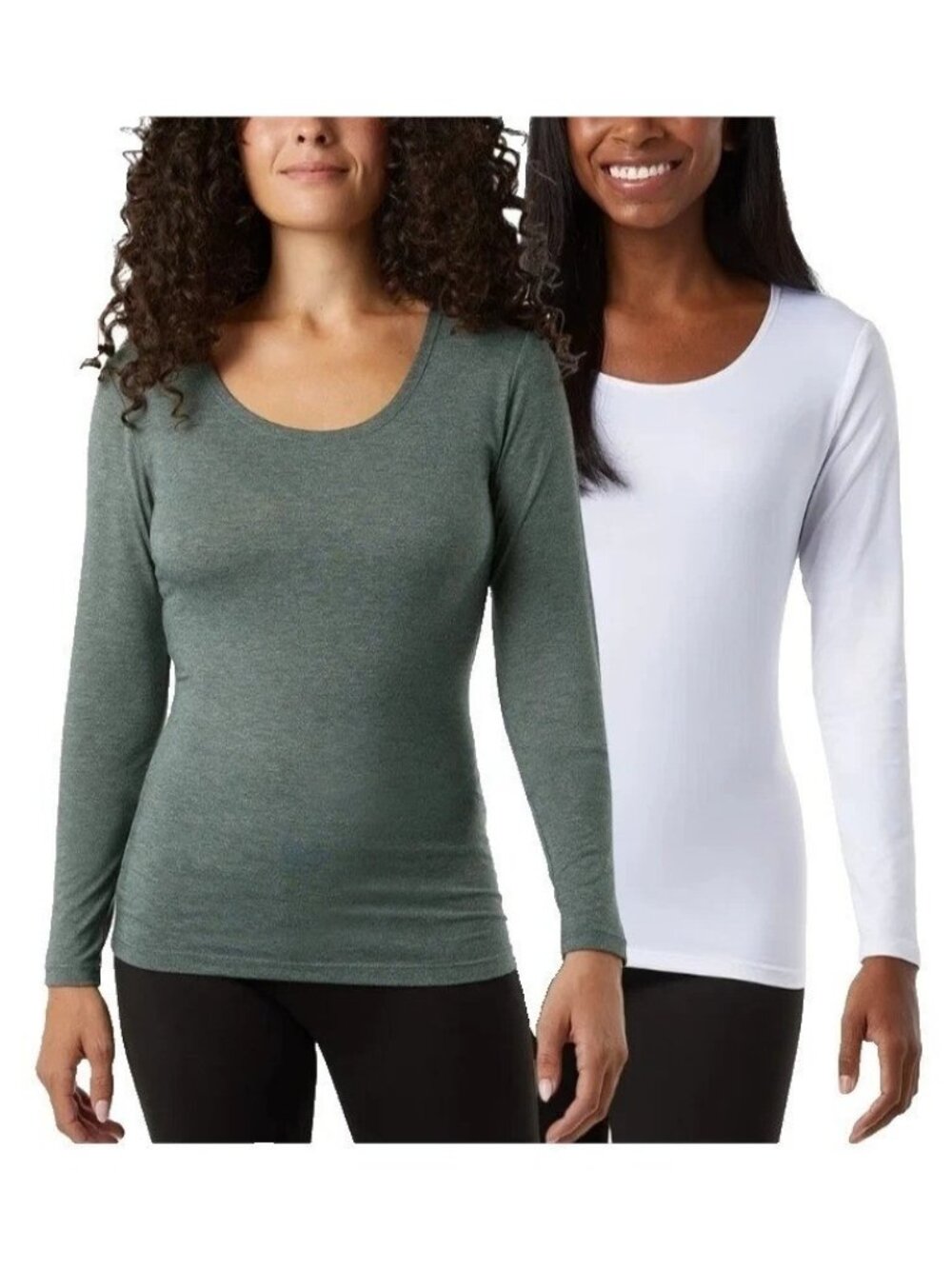 NWT 32 Degrees Women's M Long Sleeve Scoop Neck Layer Shirt White Green 2-Pack